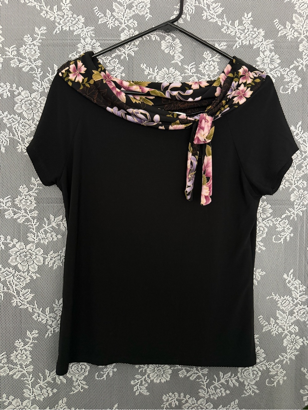 Carol Rose Black Tee with Pink & Purple Floral Trim